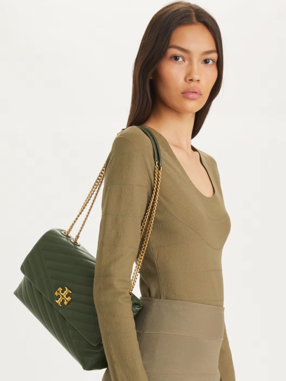 tory burch | kira chevron shoulder bag | lambskin | quilted | green | gold - Picture 9 of 12